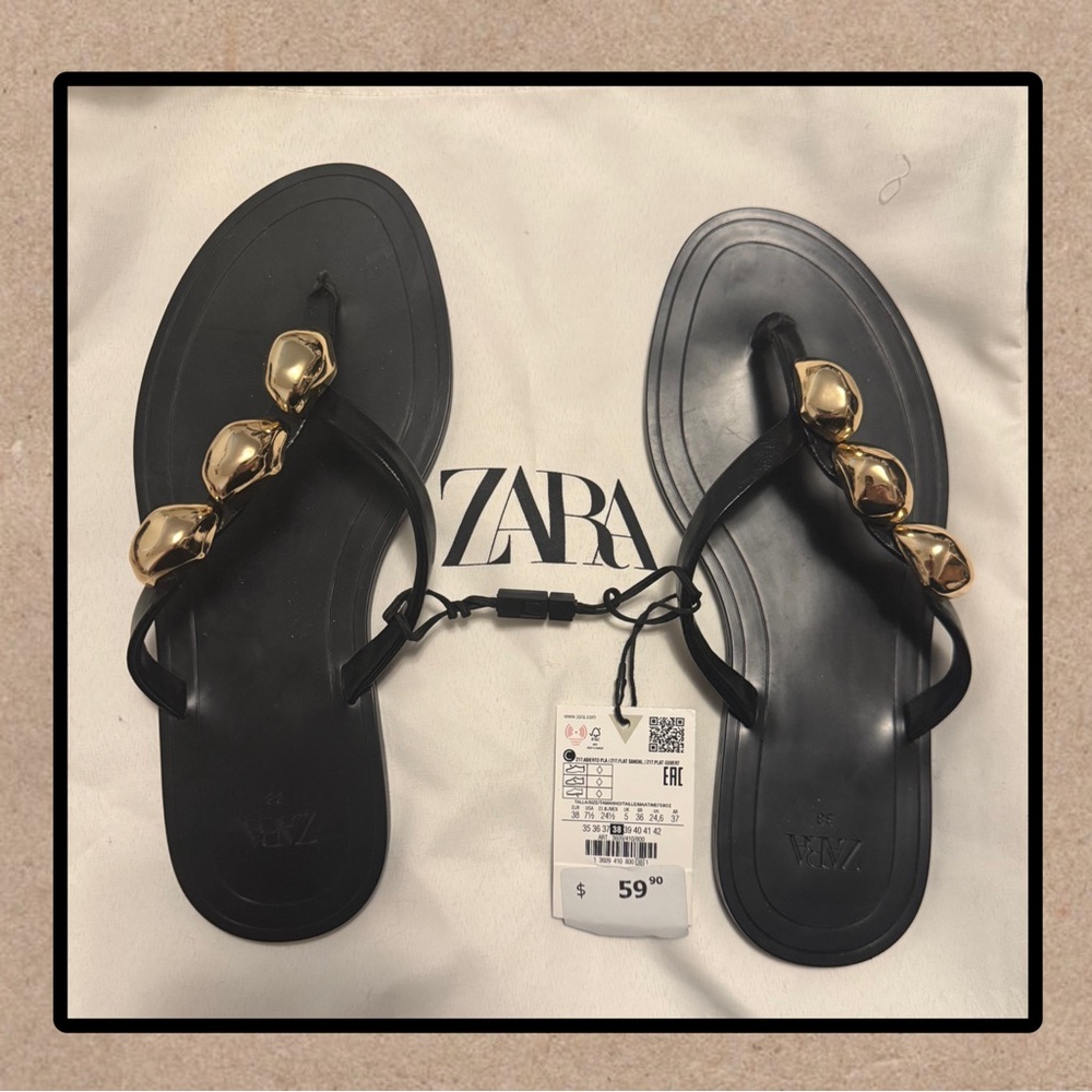 Zara black and gold thongs. Size 38.